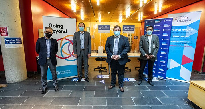 (l-r) George Bragues, Interim Vice-Provost, University of Guelph Humber, Chris Whitaker, President and CEO, Humber College, Councillor Michael Ford, Ward 1, Etobicoke North and William Osler Health System President & CEO, Naveed Mohammad.