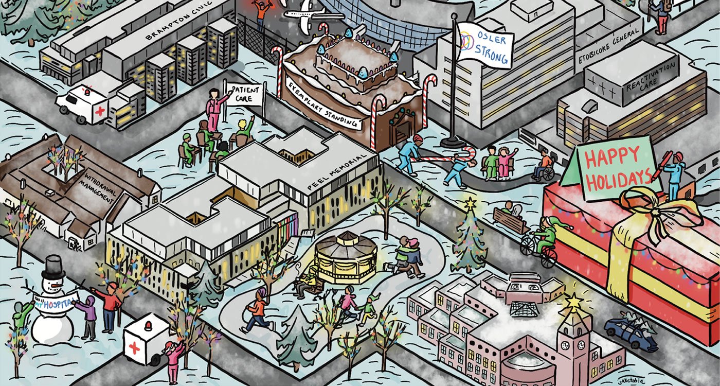 A hand-drawn image that illustrates the spirit of Osler and its five sites within a community