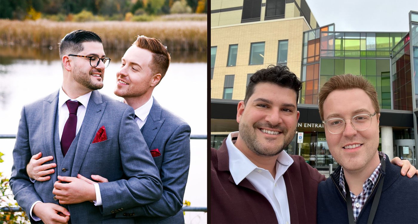 In the photo on the left, (l-r) Jonathon and Ryan on their wedding date and in the photo on the right (l-r) Jonathon and Ryan pose in front of Peel Memorial