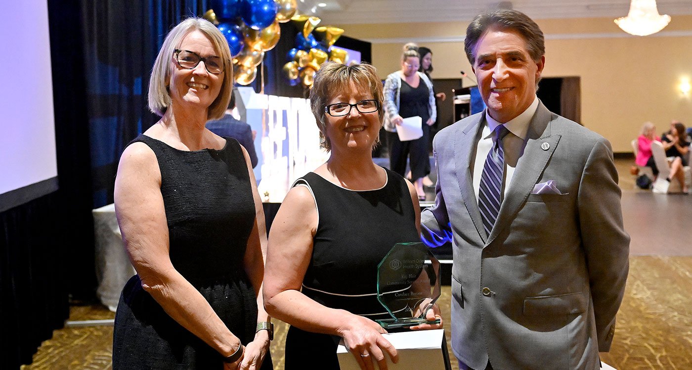 (l-r): Linda Franklin, Chair of the Board of Directors, William Osler Health System; Candace Barone, 2023 Kay Blair Community Service Award recipient; and Dr. Frank Martino, President and CEO, William Osler Health System