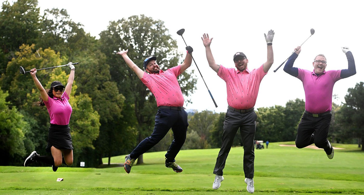 (l-r): Rachelle De Leon, Clinical Services Manager, Cardiology and Neurology, William Osler Health System; Richard Bryson, Account Executive, Plan Group; Luke Hillier, Account Executive, Plan Group; and Dr. Andrew Burns jump in excitement on the green