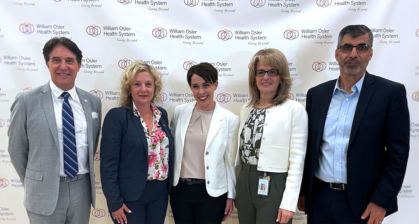 (l-r): Dr. Frank Martino, President and CEO, William Osler Health System; Roberta Iannacito-Provenzano, Provost and Vice-President, Academic, Toronto Metropolitan University; Dr. Nathalie Boudreau, Director, Nursing and Health Professionals, Ontario Ministry of Health; Tiziana Rivera, Executive Vice President, Quality, Research and Chief Nursing Executive, William Osler Health System; Dr. Maher M. El-Masri, Director and Professor, Daphne Cockwell School of Nursing, Toronto Metropolitan University