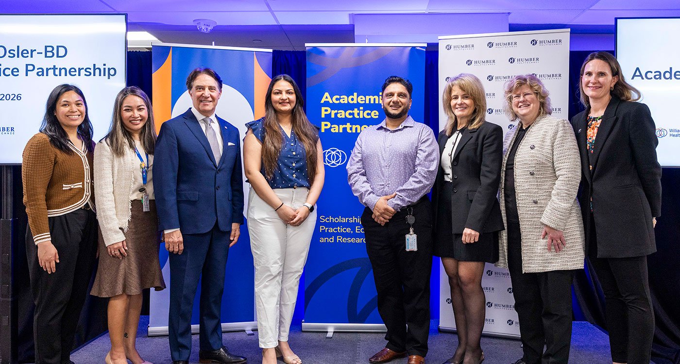 Left to right: Eleanor Joy Duldulao, Quality Management & Safety Consultant, William Osler Health  System; Dr. Charissa Cordon, Associate Vice President, Practice & Academics, Nursing, William Osler Health  System; Dr. Frank Martino, President & CEO, William Osler Health System; Mahi Patel, Student, Humber  Polytechnic; Umar Farooq, Senior Laboratory Technician, MLA, William Osler Health System; Tiziana Rivera,  Executive Vice President, Quality, Research & Chief Nursing Executive, William Osler Health System; Dr. Ann  Marie Vaughan, President & CEO, Humber Polytechnic; Kristan Lingard, Senior Dean, Faculty of Health & Life  Sciences, Humber Polytechnic