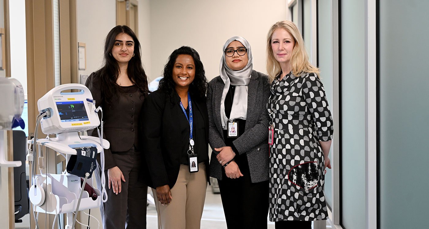 (l-r): Diya Nijjar, research student with the Osler Research Institute for Health Innovation and a fourth-year neuroscience student at York University; Shalini Fernandes, Clinical Services Manager, Oncology and Palliative Care, William Osler Health System; Sabiha Delawala, Lead Oncology Pharmacist, William Osler Health System; and Shannon Farley, Nurse Practitioner, Oncology and Transplant Programs, William Osler Health System
