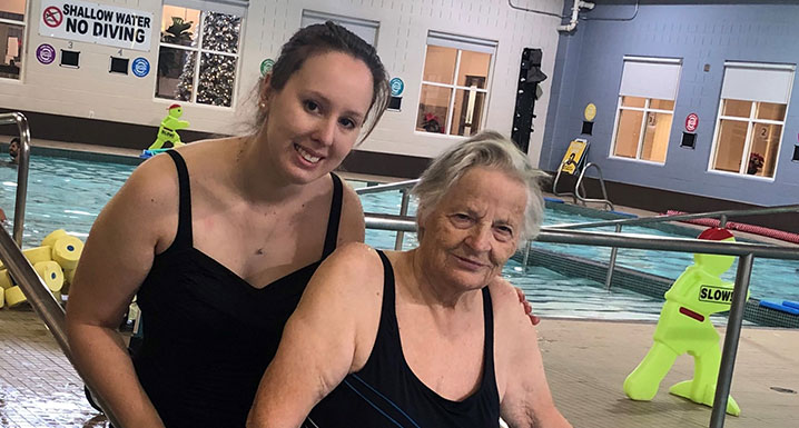 Connie Zammit, Brampton Civic rehab patient, and Amanda Kidnie, Recreation Therapist, participate in Aqua Therapy Program