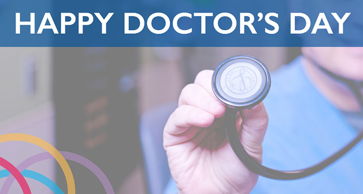 Happy Doctor's Day graphic with a physician holding a stethoscope