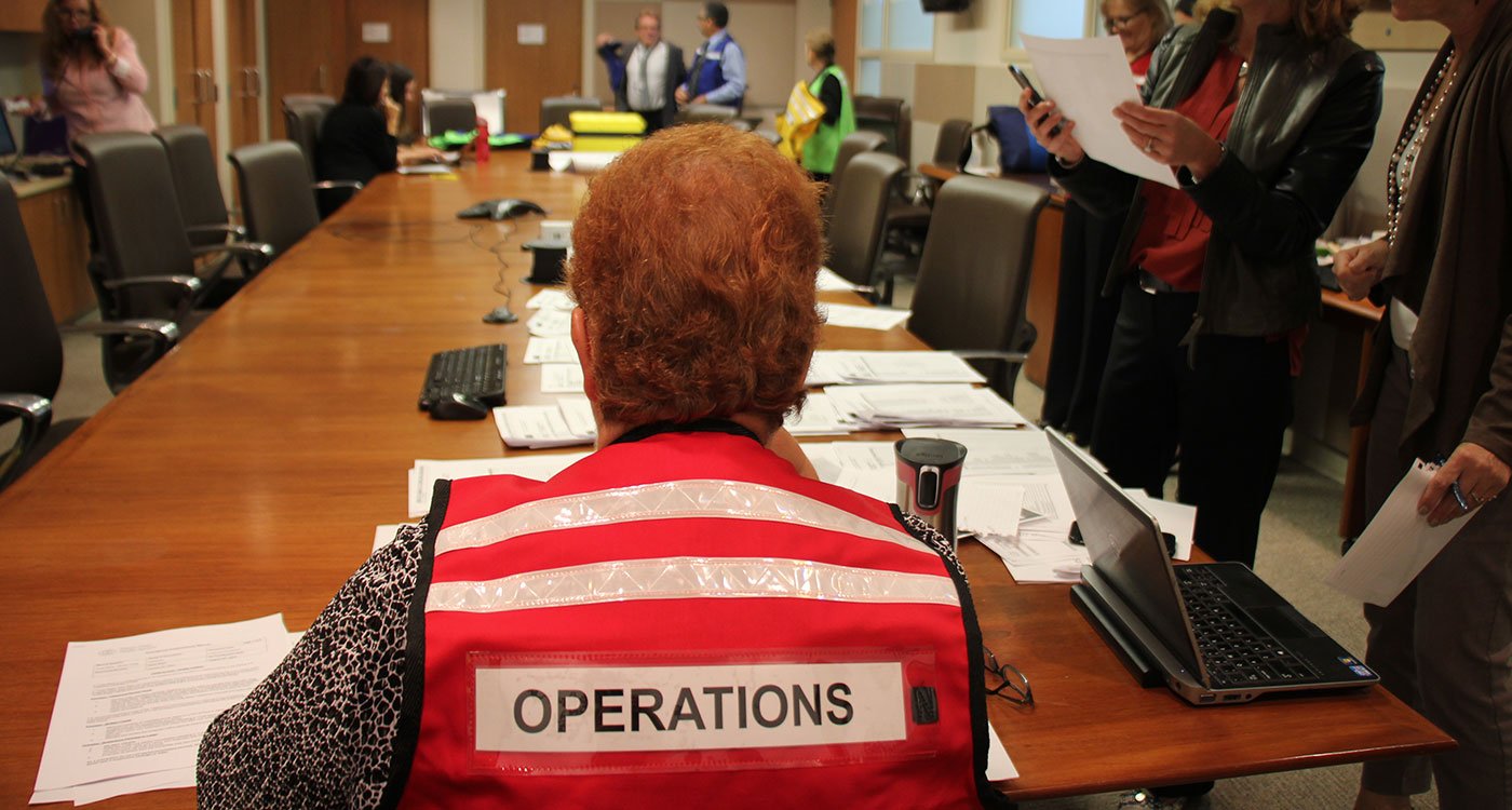 Photo of the operations command centre boardroom during a 2015 mock Code Black drill