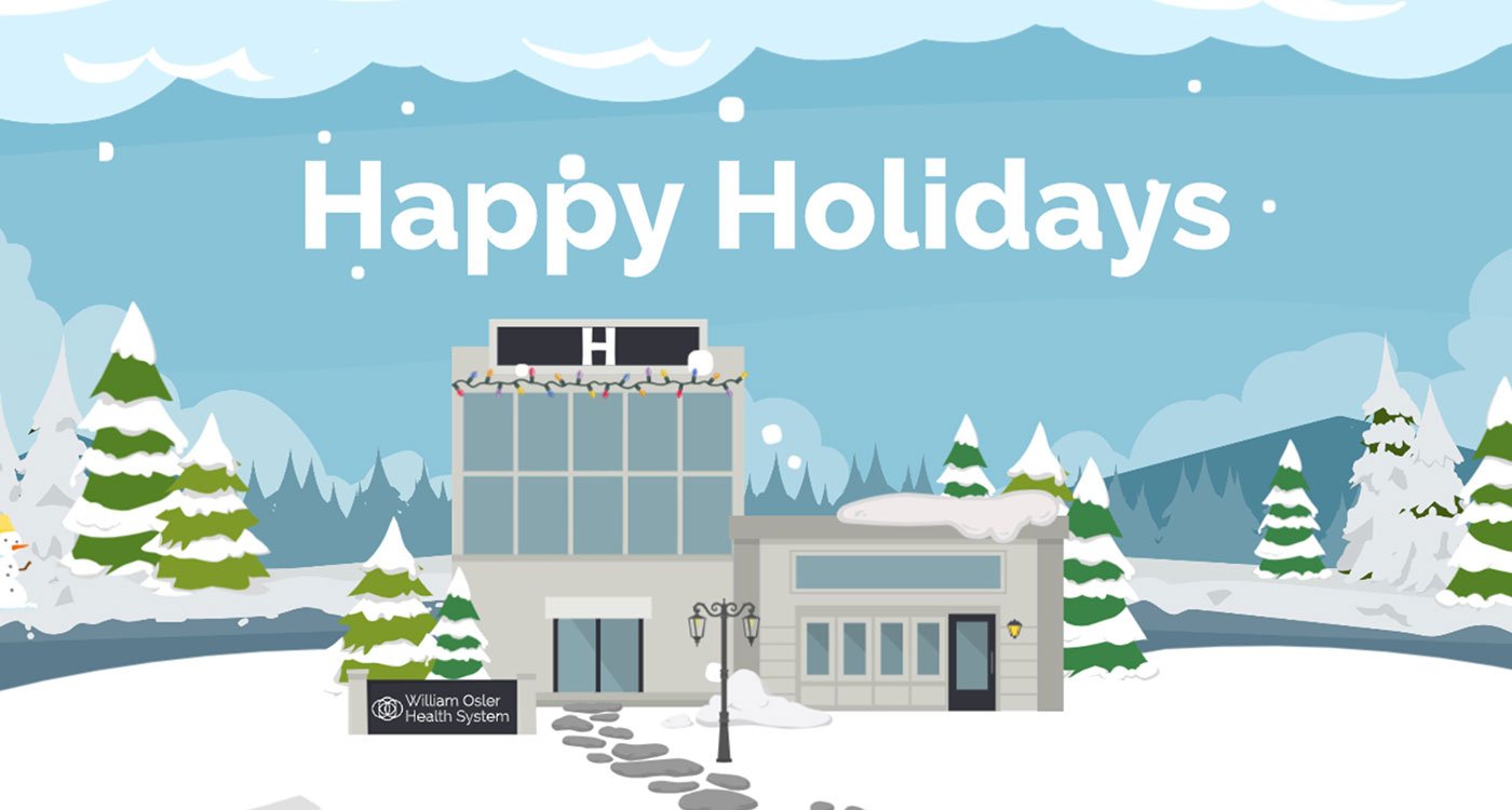 Cartoon image of a hospital in a winter scene with the text Happy Holidays written above the hospital