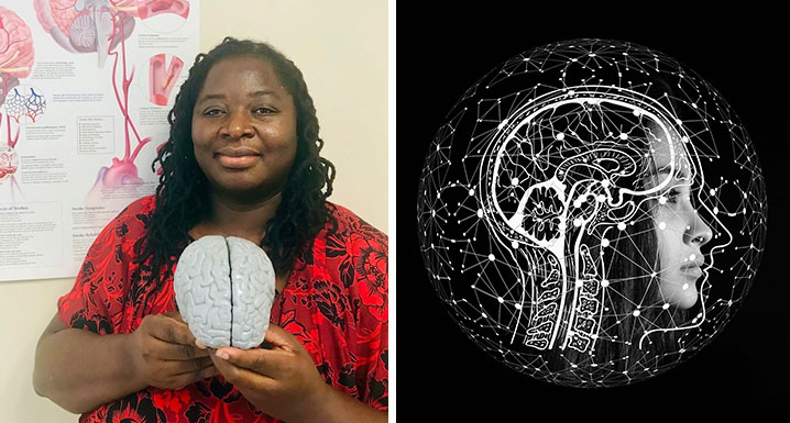 Angella Dacres, Nurse Practitioner, Neurology Unit, holds a model of a brain