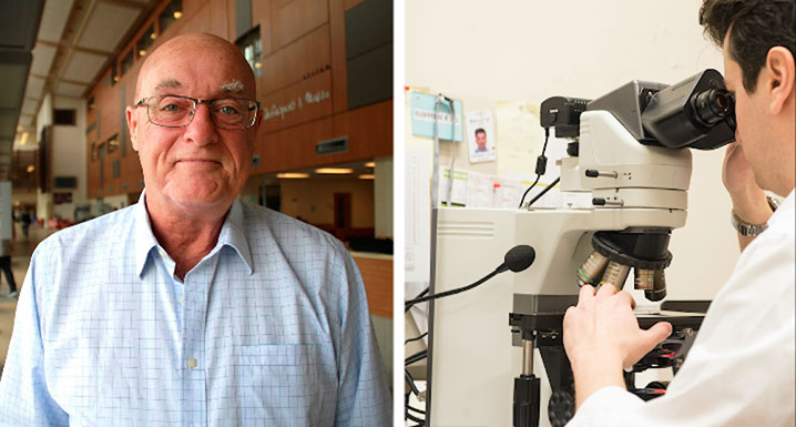 On the left, the late Dr. Ron Heslegrave, Osler’s former Corporate Chief of Research. On the right, a laboratory technician using a microscope