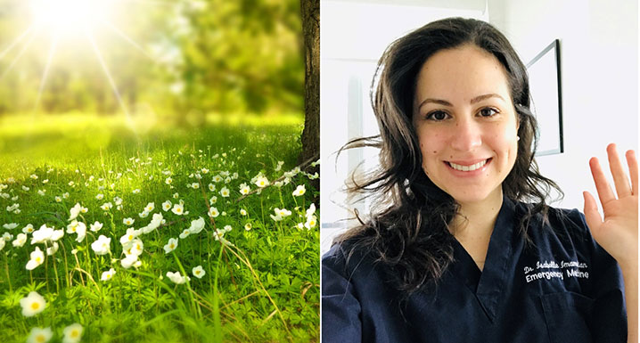 On the left, a sunny field and on the right, Dr. Isabelle Imamedjian, an Emergency Medicine Physician at Osler