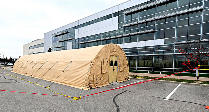 Temporary Emergency Department tent in the parking lot at Brampton Civic Hospital