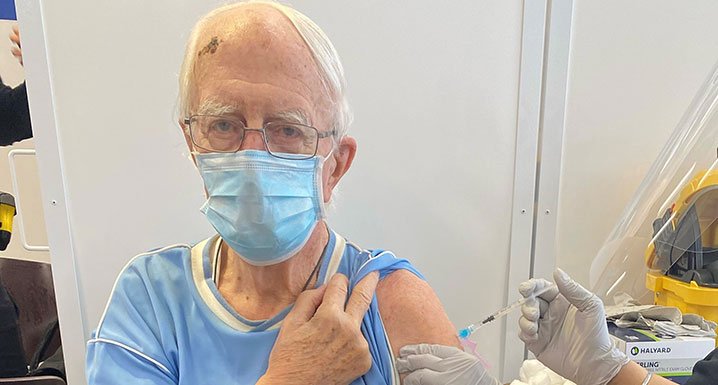 Brampton resident, Ken Cuthbert receives his first dose of the Pfizer-BioNTech at Osler’s COVID- 19 Vaccine Clinic