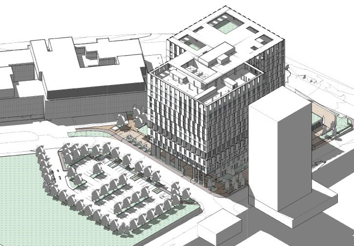 Southwest-facing aerial rendering of the new Peel Memorial that shows an existing condominium on the left, the new tower in the centre with new surface parking lot and the existing Peel Memorial building on the right